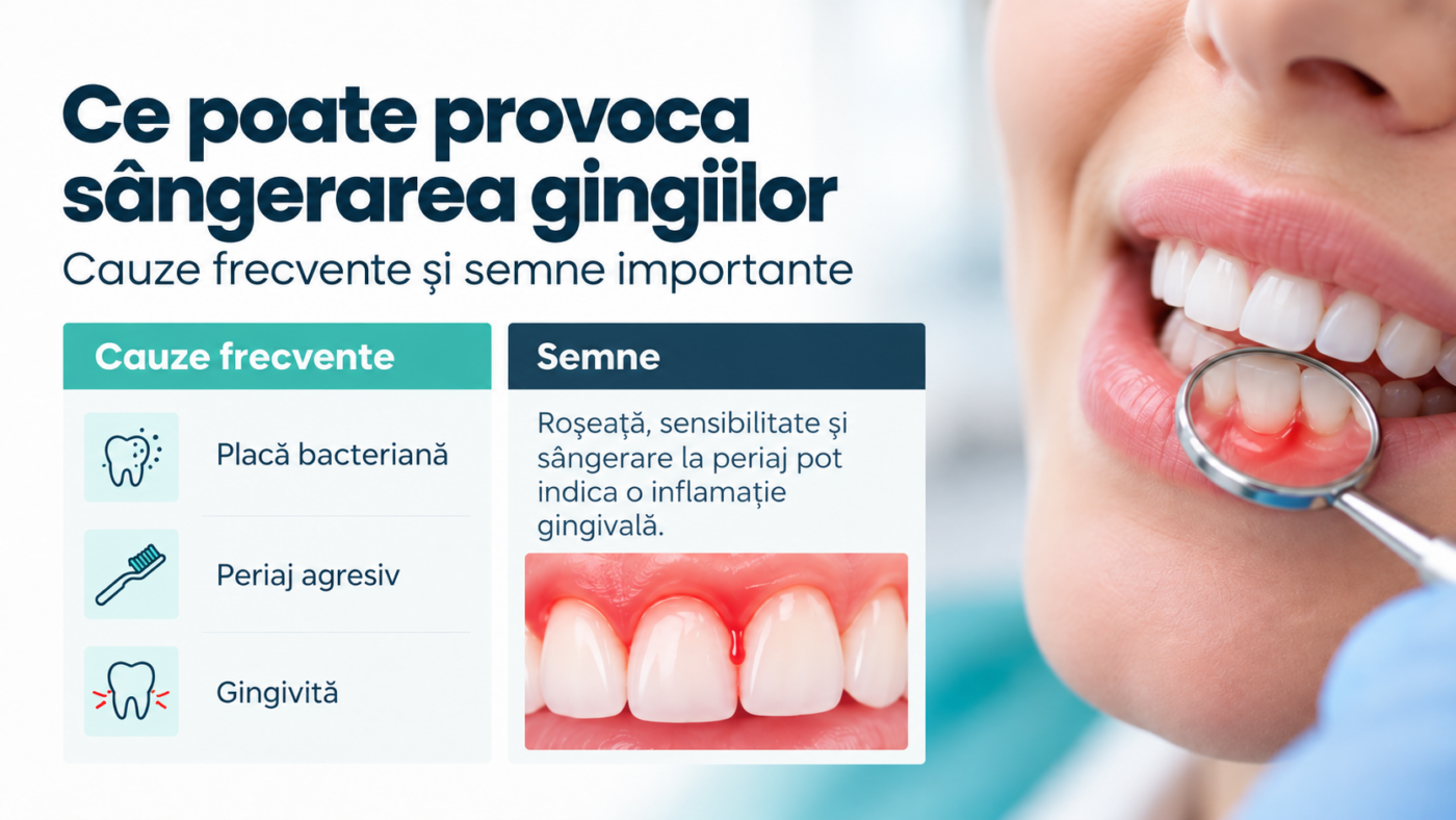 nfografic despre cauzele sângerării gingiilor, placa bacteriană, periajul agresiv și gingivită.