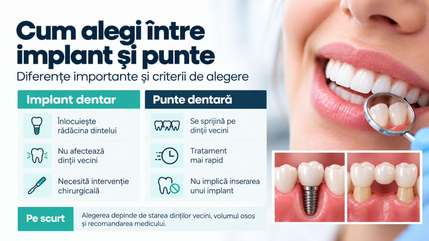 Infografic comparativ între implant dentar și punte dentară, cu diferențele privind procedura, durata tratamentului și susținerea lucrării.